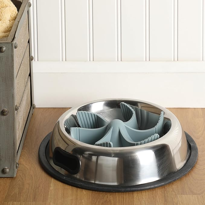 Gibson Home Curious Canines 7.5” Slow Feeder Dog Bowl Insert, Silicone Anti-Gulp Insert, Fits Stainless Steel & Standard Dog Bowls, Dishwasher Safe, Blue