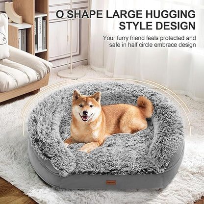 Fluffy 3.7 inch Thickened Orthopedic Dog Beds for Extra Large Dogs, Supportive Dog Sofa Bed with 28D Egg-Crate Foam, Removable Washable Cover, Waterproof Lining, Cozy Oval Design,Grey