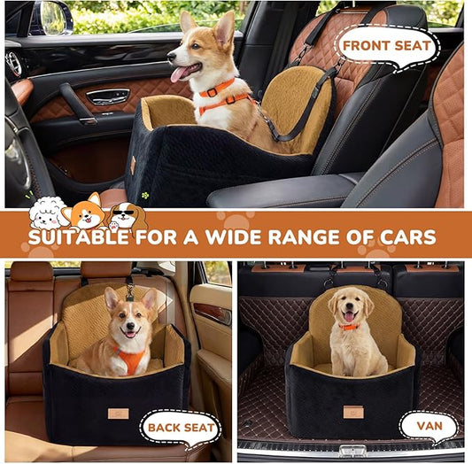 Dog Car Seat for Medium/Small Dogs, Dog Booster Car Seat, Pet Booster Seats Up to 40lbs with Waterproof Layer, 3 Storage Pockets and Safety Belt (Black/Brown)