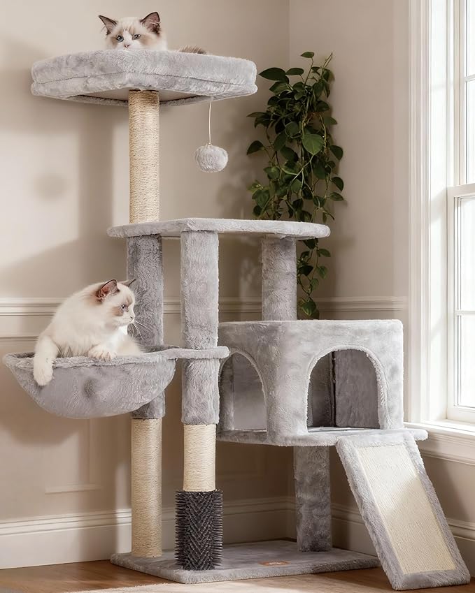 Heybly Cat Tree with Cat Self Groomer Brush, Cat Tower Condo for Indoor Cats with Padded Plush Perch, Cat House with Basket Scratching Board Post, Light Gray HCT005SW