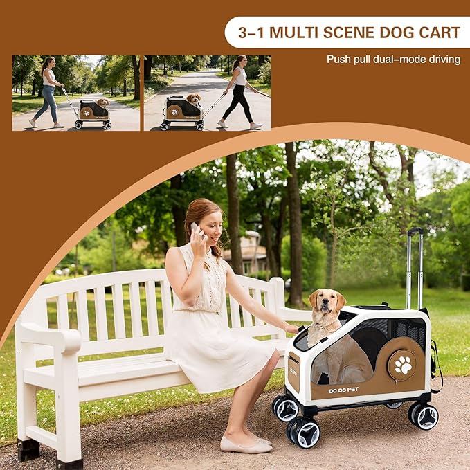 3-1 Dog Stroller for Medium Dogs,Collapsible Soft Dog Travel Crate with Metal Frame for Car Travel,Pet Stroller with Removable Carrier for Pets Up to70LBS(Brown)