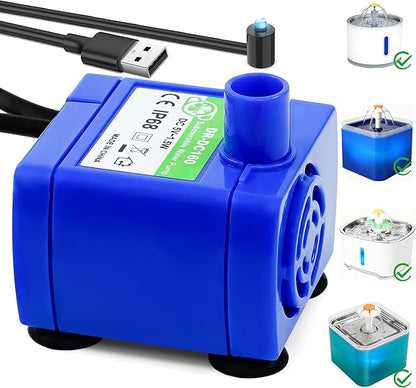 Cat Water Fountain Pump, Pet Water Fountain Pump Replacement Compatible Motor, DR-DC 160 Submersible Water Pump with LED Light for Round, Cubic, Flower Cap Cat Fountain