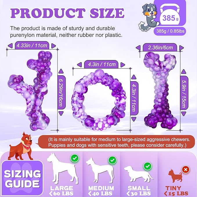 3Pack Dog Chew Toys for Aggressive Chewers, Indestructible Interactive Dog Chew Nylon Bone Toys for for Medium Large Breed 15-60lbs, Teething Toy to Keep Them Busy, Bacon Flavor(Purple)