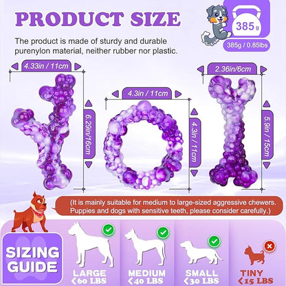 3Pack Dog Chew Toys for Aggressive Chewers, Indestructible Interactive Dog Chew Nylon Bone Toys for for Medium Large Breed 15-60lbs, Teething Toy to Keep Them Busy, Bacon Flavor(Purple)