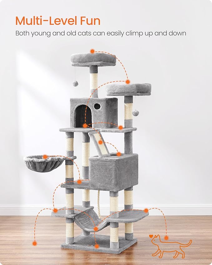 Feandrea Cat Tree, 66.1-Inch Large Cat Tower, Multi-Level Plush Condo with 13 Scratching Posts, 2 Perches, 2 Caves, Basket, Hammock, Pompoms, Light Gray UPCT165W01