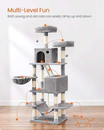 Feandrea Cat Tree, 66.1-Inch Large Cat Tower, Multi-Level Plush Condo with 13 Scratching Posts, 2 Perches, 2 Caves, Basket, Hammock, Pompoms, Light Gray UPCT165W01