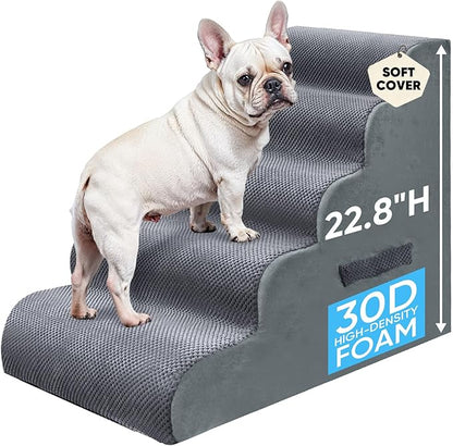 PAWSCART Pet Stairs for Dogs 5-Step, 22.8" H Pet Stairs for High Bed, Couch Sofa & Chair, 30D Material Soft Foam Dog Steps with Non-Slip Bottom Surface Removable Washable Cover, Grey