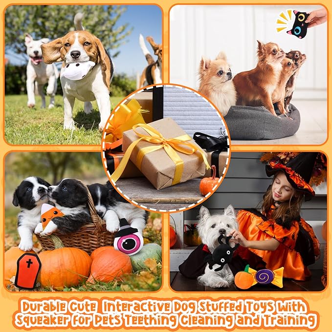 24 Pcs Halloween Dog Squeaky Bulk Halloween Bat Spider Stuffed Plush Cat Interactive Stuffed Dog Chew for Small Medium Pets Teething Cleaning and Training