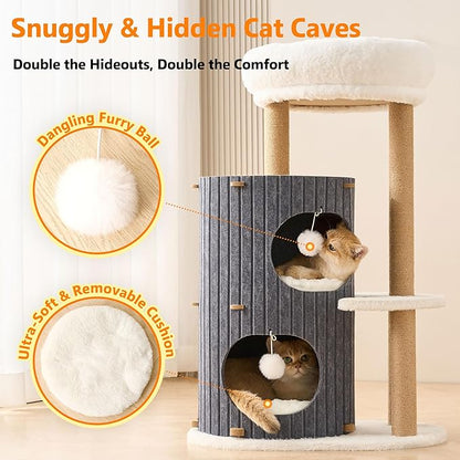 Modern Cat Tree for Indoor Cats Large Adult, 36in H Cat Tree Tower with Scratching Posts, Cozy Cat Bed Cave, Washable Cushions, Dangling Balls, Play&Nap Cat House Condo for All Breeds, Gray