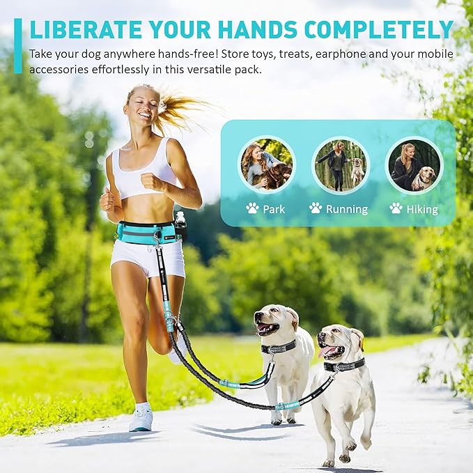 Waist Leash for Double Dog Walking 2 Medium and Large Dogs; Shock-Absorbing, No Pull, No Tangle, Heavy Duty, Hands-Free Double Bungee 2 Dog Leash; Hiking, Walking, Running Gear with Multiple Pockets