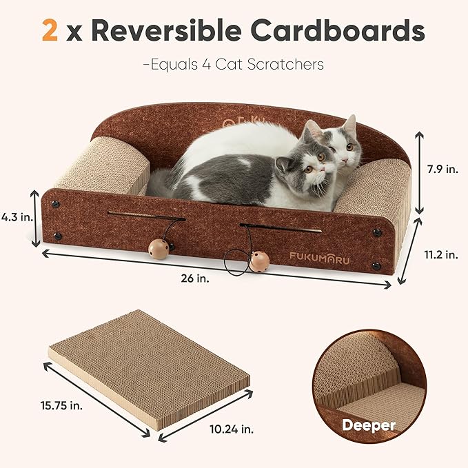 FUKUMARU 26 Inch Cat Scratcher Bed, 2 Reversible Cardboard Cat Scratch Pads Refill for Indoor Cats, Durable Large Cats Scratching Bed Sofa Couch Lounger with Fun Toys, Furniture Protector, Caramel