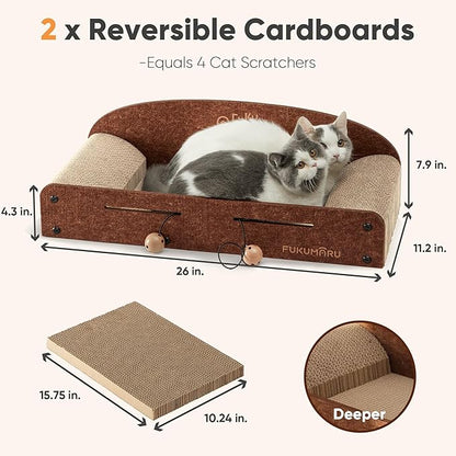 FUKUMARU 26 Inch Cat Scratcher Bed, 2 Reversible Cardboard Cat Scratch Pads Refill for Indoor Cats, Durable Large Cats Scratching Bed Sofa Couch Lounger with Fun Toys, Furniture Protector, Caramel