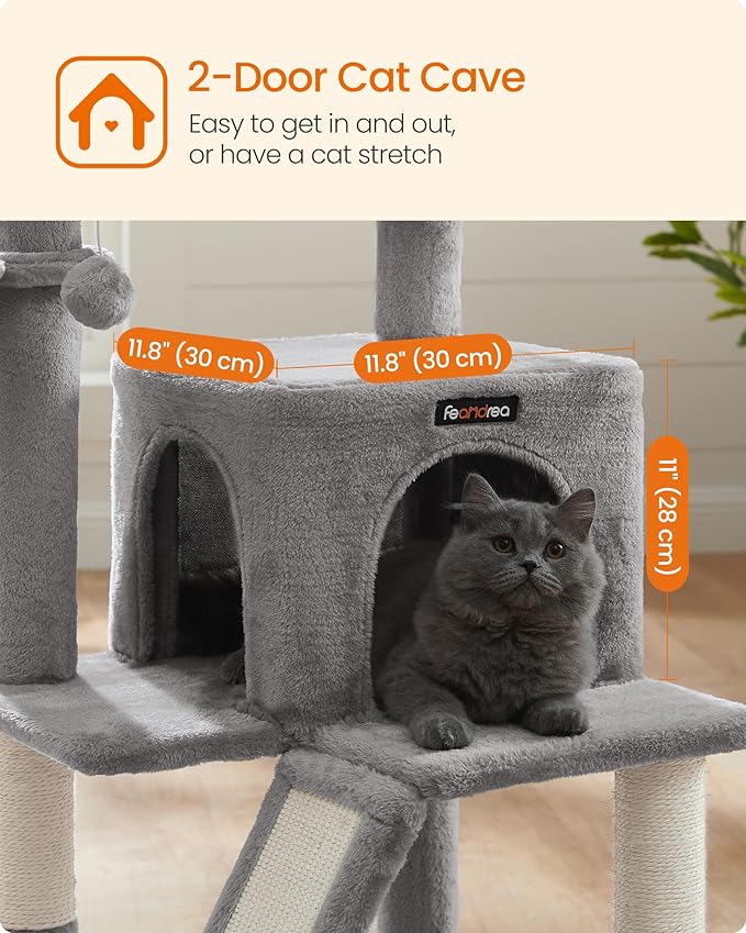 Feandrea Cat Tree, 37.8-Inch Cat Tower, Multi-Level Condo with Widened Perch, Scratching Posts and Ramp, 2-Door Cave, Hammock, Light Gray UPCT51W