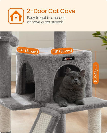 Feandrea Cat Tree, 37.8-Inch Cat Tower, Multi-Level Condo with Widened Perch, Scratching Posts and Ramp, 2-Door Cave, Hammock, Light Gray UPCT51W