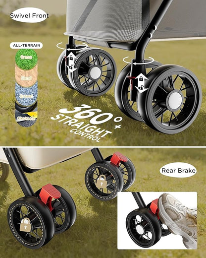 GTPLAYER Foldable Pet Stroller for Small Dogs and Cats, Holds Up to 33 lb, 4-Wheel Stroller with 2 Safety Tethers, Breathable Mesh, Lockable Front Wheels, Cup Holder/Tray & Storage Pocket, Ivory