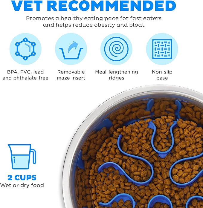 Outward Hound Fun Feeder Stainless-Steel Slo Bowl for Dogs – Medium 2‑Cup Capacity, Slow Feeding, Removable Puzzle Maze, Non-Slip, Fits Raised Feeding Platforms