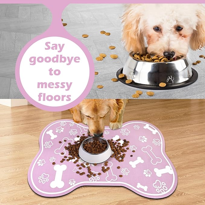 Dog Cat Mat for Food and Water,Rapid Absorbent Pet Feeding Mat, Bone Shaped Dog Placemat Bowl Mat with Rubber Backing,No Stains Pet Food Mats Indoor, Pet Accessories Supplies,Pink 23"×36"