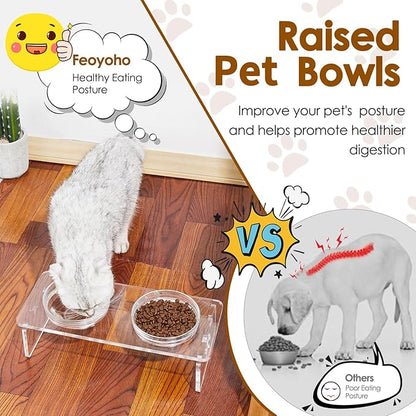Elevated Dog & Cat Bowls – 3.75” Acrylic Raised Pet Feeder Stand with 2 Stainless Steel & 2 Glass Bowls – Food & Water Dish Set for Puppy/Small Dogs & Cats