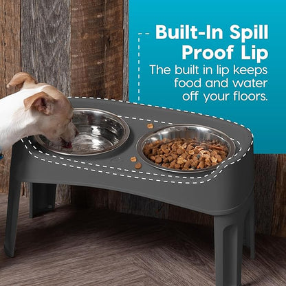 IRIS USA Adjustable Elevated Dog Bowls, Raised Feeder with 2 Stainless Steel 64 oz Bowls, Spill-Guard Rim, 12.25" or 4.63" Heights, Durable Plastic, Made in USA, Dark Gray