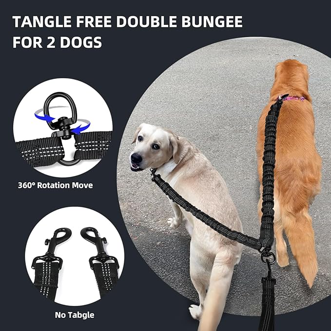 Hands Free 2 Dog Running Leash with Waist Belt, Dual Handle Elastic Bungees Retractable Rope for Small and Medium Dogs, Reflective Stitches for Walking Hiking Biking (Small Blue, 8-25lb)