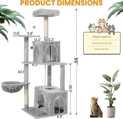 54 Inch Multi-Level Cat Tree Tower with Hammock, Condos & Scratching Posts, Large Cat Furniture for Indoor Cats with Pompoms, Light Grey
