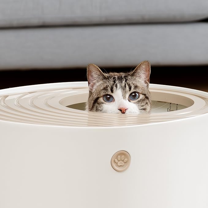IRIS USA Large Top Entry Cat Litter Box Made in USA, Covered Enclosed Design with Lid, Litter Catching Grooved Top, Scatter Shield, Dog Proof, Scoop Included, Odor Control, Beige/White