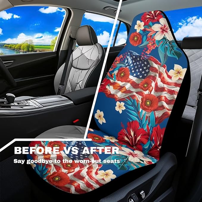 250th Anniversary Waterproof Car Seat Cover Front Seats Only Anti-Slip Back Fabric Automobile Front Seat Covers American Flag Flower Car Accessory Universal Fit for Truck SUV Van Sedan