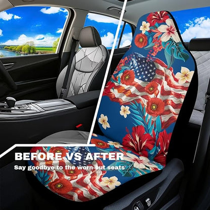 250th Anniversary Waterproof Car Seat Cover Front Seats Only Anti-Slip Back Fabric Automobile Front Seat Covers American Flag Flower Car Accessory Universal Fit for Truck SUV Van Sedan