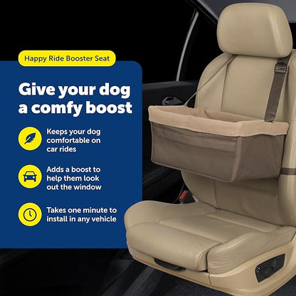 PetSafe Happy Ride Booster Seat for Dogs - Open Road Comfort - Safe Tether System - Zipper Pouch Dog Seat - Machine Washable Fleece Liner - Easy Install Design - Brown - Up to 12 lb