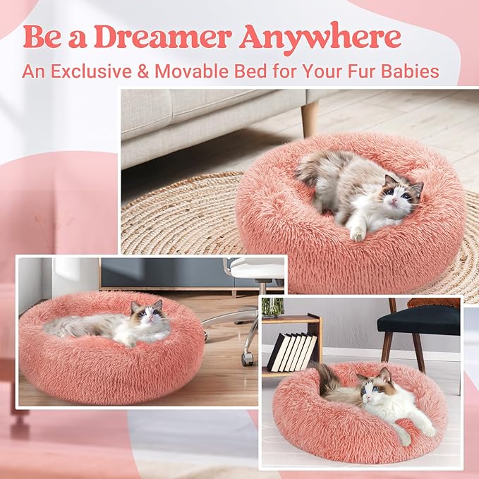 rabbitgoo Cat Beds for Indoor, 20 inches Machine Washable, Fluffy Round Pet Bed Non-Slip, Calming Soft Plush Donut Cuddler Cushion Self Warming for Small Dogs Kittens, Light Pink, Medium