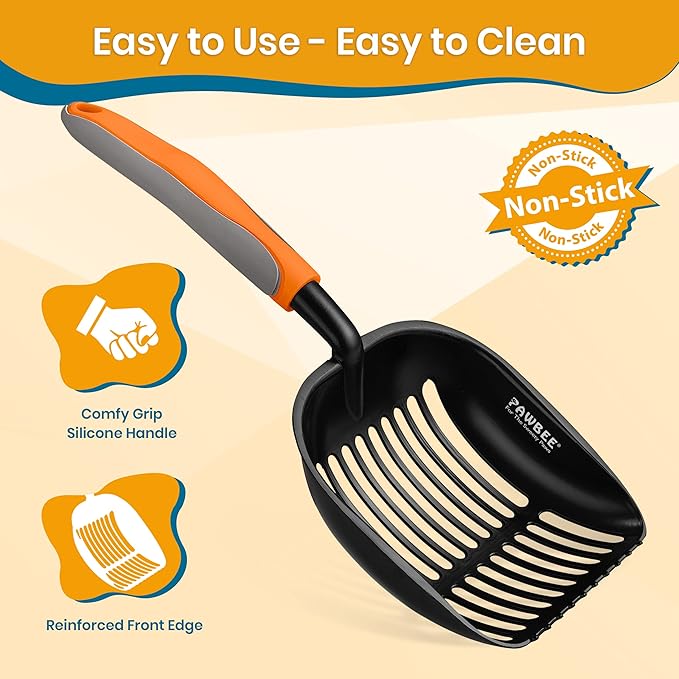 PAWBEE Premium Non-Stick Metal Cat Litter Scooper with Holder, Deep Shovel Poop Scoop, Long Non-Slip Handle