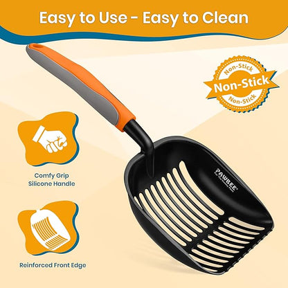PAWBEE Premium Non-Stick Metal Cat Litter Scooper with Holder, Deep Shovel Poop Scoop, Long Non-Slip Handle