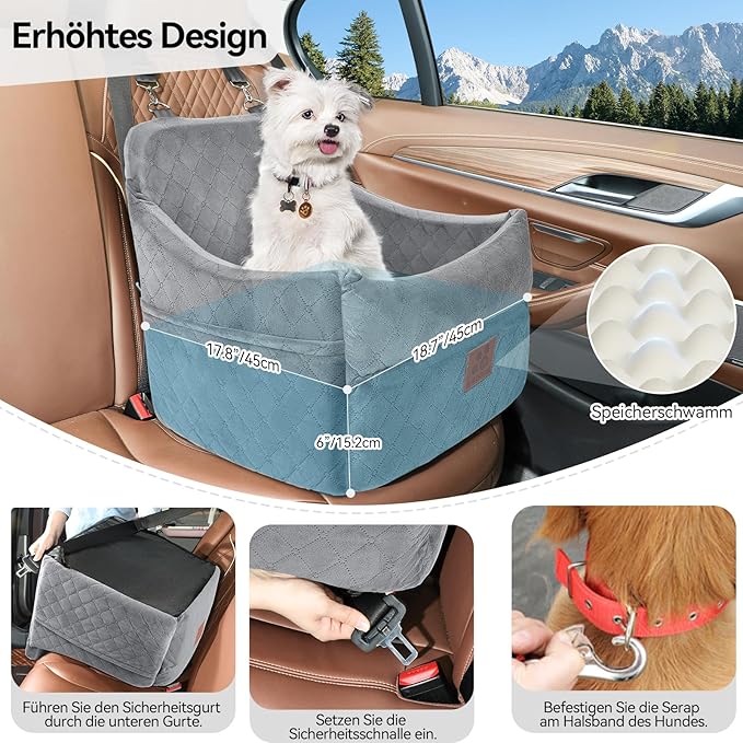 GL GLENSLAVE Dog Car Seat for Small/Medium Dogs, Dog Booster Car Seats with Thick Cushion for Dogs Under 35lbs, Detachable Washable Pet Carseat with Storage Pockets, 2 Safety Belts