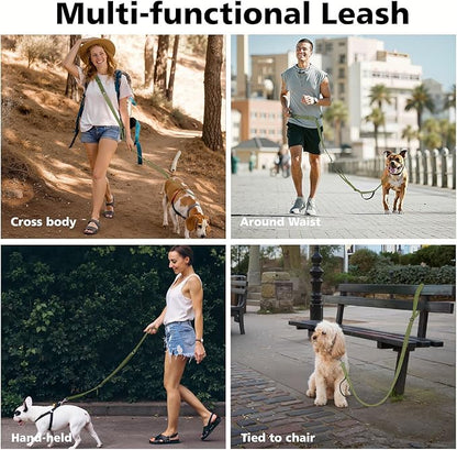 Hands Free Dog Leash, 8.5ft Adjustable Hands Free Leash for Medium Dogs, Versatile Handheld Crossbody Waist Lead with 3 Rings, Easy Adjust for Running Jogging Walking, Sponge Handle, Army Green