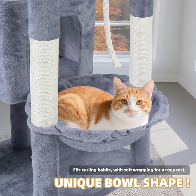 TWDEPART 37.5" All-in-One Cat Tree Tower with Scratching Board & Posts Cozy Sleeping Perch Hammock and Toy Balls,Grey