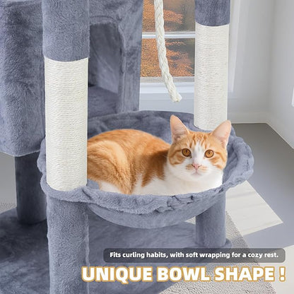 TWDEPART 37.5" All-in-One Cat Tree Tower with Scratching Board & Posts Cozy Sleeping Perch Hammock and Toy Balls,Grey