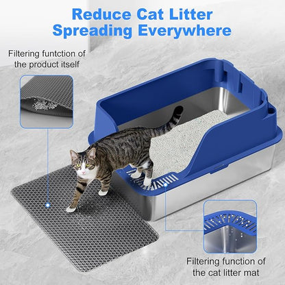 Non-stick Stainless Steel Litter Box, XL Side Opening Splash-Proof & Leak-Proof Seamless Seal, Ellenpent Large Capacity, Cat Litter Box with Lid for Multi-Cats, Large Cats, Easy-Clean & Durable (Blue)