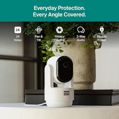 Arlo Essential Indoor Pan Tilt Security Camera 2K (2025 Release) - Wired Plug-in Power, Person Recognition, Animal Detection, Animated Preview, 1-Month Secure Plan, Auto Motion Tracking, 2 Cam, White