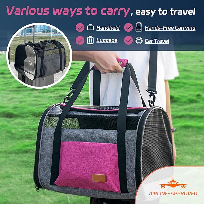 Large Cat Carrier for 20 lbs Pets - Soft Sided Breathable Mesh Travel Carrier, Airline Approved, Washable for Small Dogs Puppies, Foldable, Pink