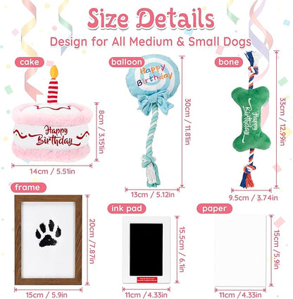 7Pcs Dog Birthday Toys Gifts, No-Mess Paw Print Keepsake Kit with Squeaky Dog Cake Toy, Plush Crinkle Toy, Pet-Safe Ink Pad & Photo Frame for Small Medium Dogs