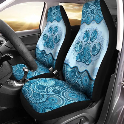 Blue Boho Paw Mandala Foral Printed Car Seat Cover Only for Front, 2-Piece Waterproof Soft Vehicle Bucket Seat Protetors Fits for Car SUV Sedan Truck