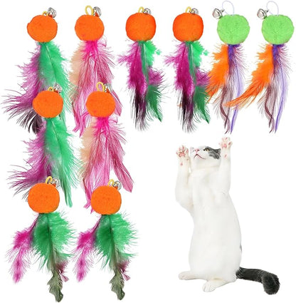 12 Pcs Cat Feather Toy Refills, Interactive Wand Attachments with Bells, Colorful Interactive Teaser Feathers Replacement for Indoor Cats & Kittens