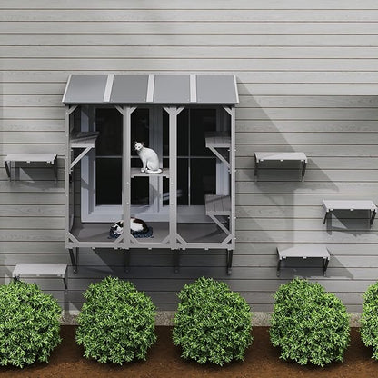 Cat Catio, Expandable Window Box Enclosure for Multiple Indoor Cats, Comfortable Wooden Small Pet Perch House, All-Weather Use, Keep Bugs Insects Out, with 4 Platforms and 3 Doors