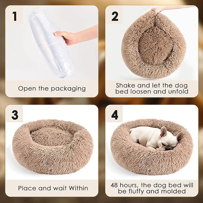 Hoewina Dog & Cat Bed for Indoor Cats, 20in Calming Donut Bed for Puppy and Kitten, Washable Round Fluffy Pet Bed for Small Medium Dogs and Cats (Camel)