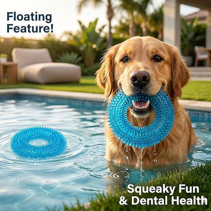ADUCK Dog Squeaky Chew Toys for Aggressive Chewers, Small Medium Large Dogs Teeth Cleaning Soft Natural Rubber Float Toy for Indoor Outdoor Water Pool, Donut Ring Design 4.92 inch, Crystal Blue