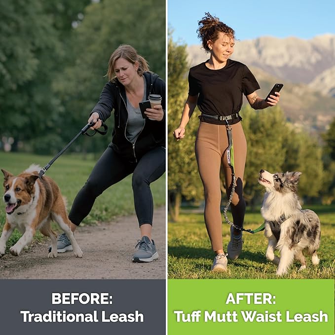 Tuff Mutt Hands Free Dog Leash for Walking Running Hiking, Waist Leash with Bungee, Adjustable Belt, Reflective Double Handle Design for Large Medium Dogs