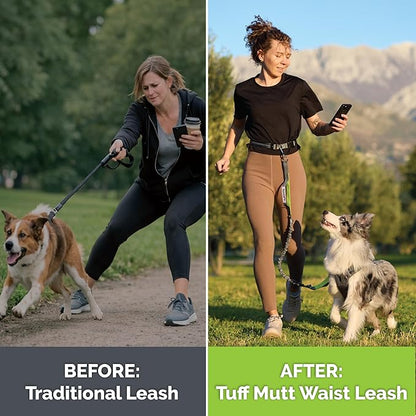 Tuff Mutt Hands Free Dog Leash for Walking Running Hiking, Waist Leash with Bungee, Adjustable Belt, Reflective Double Handle Design for Large Medium Dogs