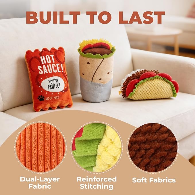 Prime Pets Plush Dog Toys Set, 3 Pack, Crinkle Squeaky Dog Toys, Food Shaped Pet Toy for Small Medium Large Dogs, Stuffed Puppy Chew Toy