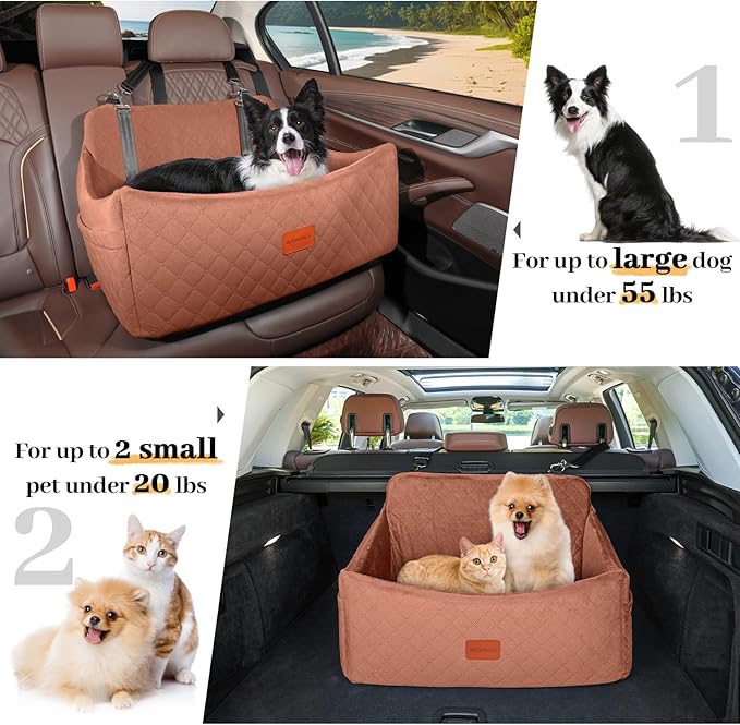 Wooaidagg Dog Car Seat for Medium & Large Dogs Up to 55lbs, Memory Foam Cushion, Washable Cover, Safety Straps & Non-Slip Base (Brown, Large)