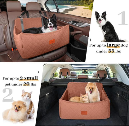Wooaidagg Dog Car Seat for Medium & Large Dogs Up to 55lbs, Memory Foam Cushion, Washable Cover, Safety Straps & Non-Slip Base (Brown, Large)